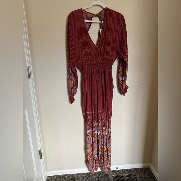 Anthropologie The Breezy Open-Back Jumpsuit Sz Small Bohemian Red Floral Details - Picture 3 of 9